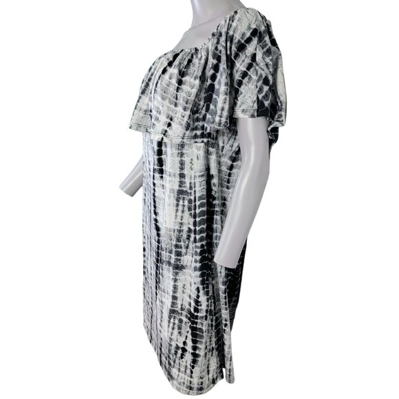 Tiered Knee Length Dress Women XL 14 Black White Scoop Neck Short Sleeve 16 Fall - Picture 2 of 12